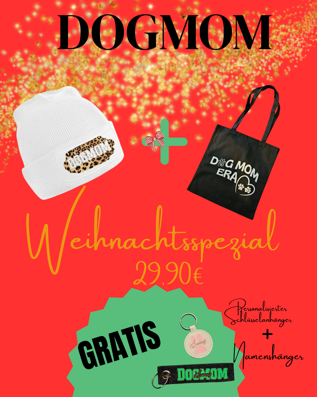 DOGMOM Weihnachts-Bundle: Personalisierte Mütze, Tragetasche & Schlüsselanhänger – Das Perfekte Geschenk für Hundemamas