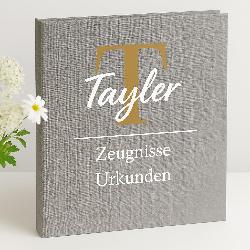 Personalisierte Zeugnismappe Leinen A4 | Name & Monogramm | Zeugnisse & Urkunden | Geschenk Einschulung | Goldbuch Design