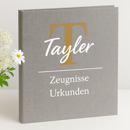 Personalisierte Zeugnismappe Leinen A4 | Name & Monogramm | Zeugnisse & Urkunden | Geschenk Einschulung | Goldbuch Design