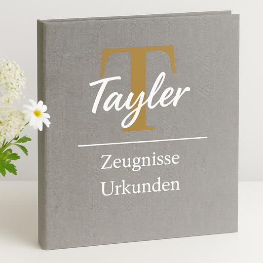 Personalisierte Zeugnismappe Leinen A4 | Name & Monogramm | Zeugnisse & Urkunden | Geschenk Einschulung | Goldbuch Design